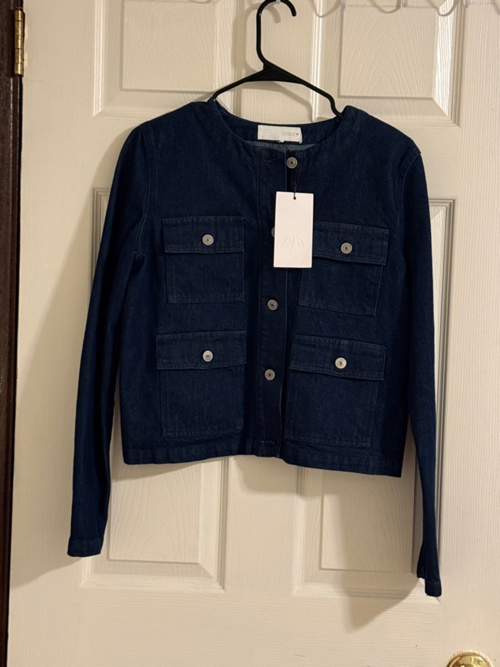 Zara Dark Indigo Collarless Denim Jacket - Picture 3 of 8